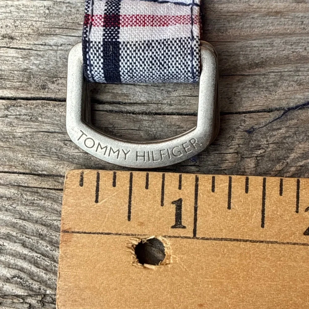 Tommy Hilfiger Belt Plaid D-Ring Webbing Navy Red White 34.5 Inch Preppy